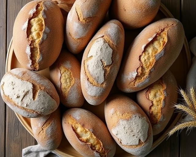 Mesa de madera con una diversa selección de panes artesanales de masa madre con cortezas crujientes y migas aireadas