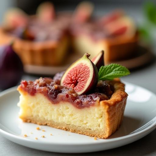 Porción de tarta de higos con una base de almendra visible y una ligera capa de glaseado