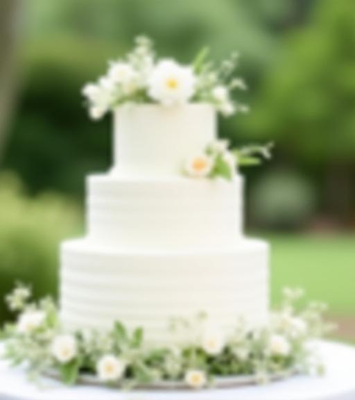 Elegante tarta de boda de tres pisos decorada con flores naturales blancas y tonos verdes en un jardín